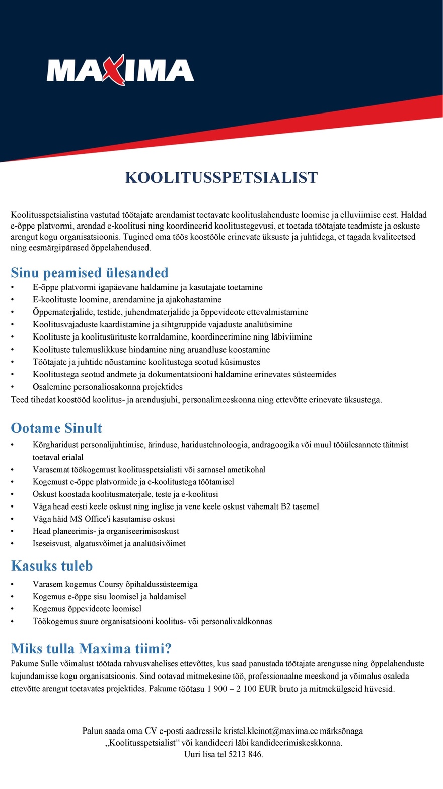 Maxima Eesti OÜ Koolitusspetsialist