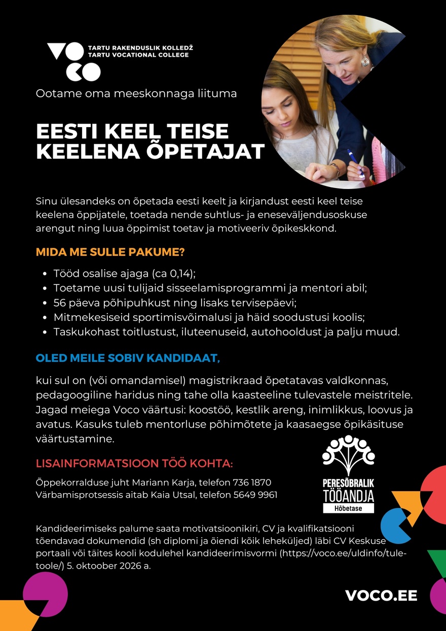 Tartu Rakenduslik Kolledž Eesti keel teise keelena õpetaja