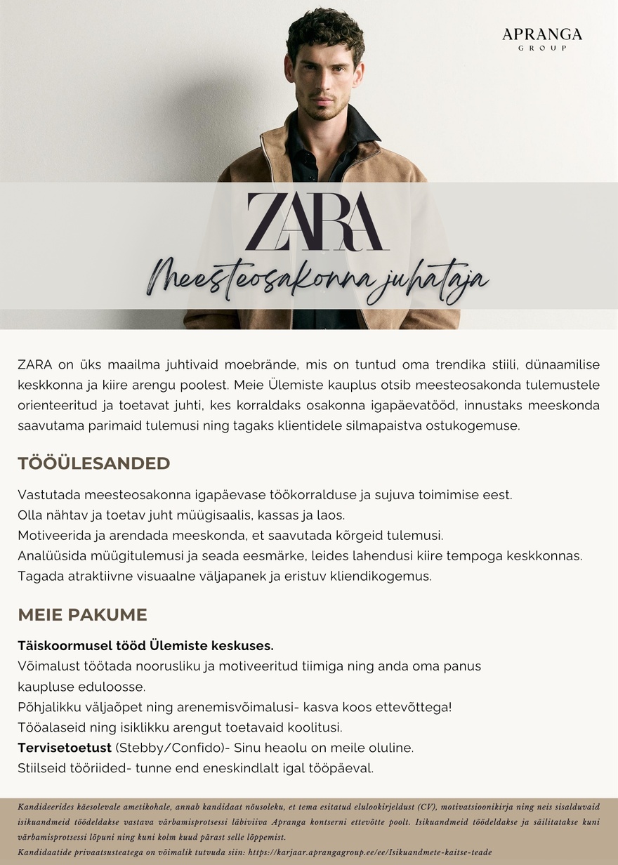 Apranga OÜ ZARA Ülemiste meesteosakonna juhataja