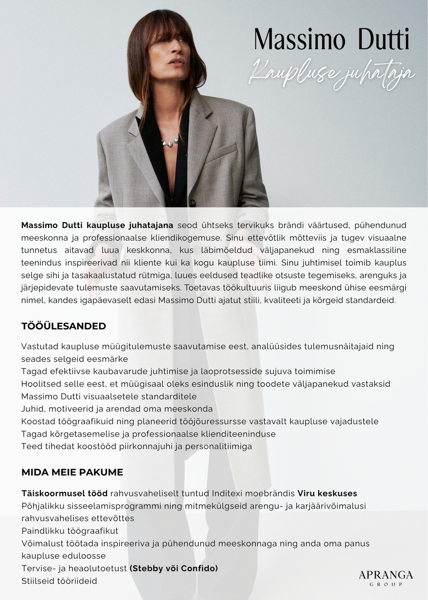 Apranga OÜ Massimo Dutti kaupluse juhataja