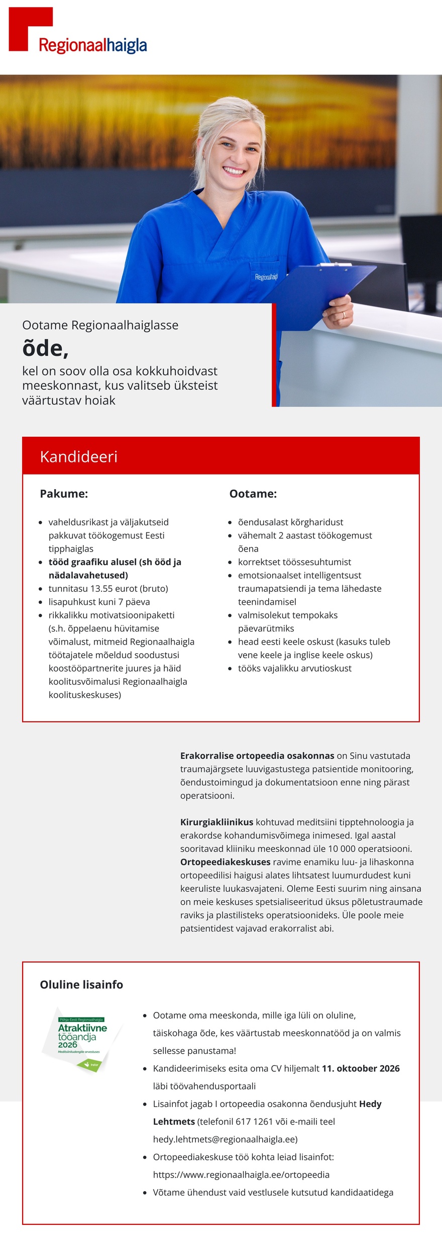 Põhja-Eesti Regionaalhaigla Õde I ortopeedia osakonda