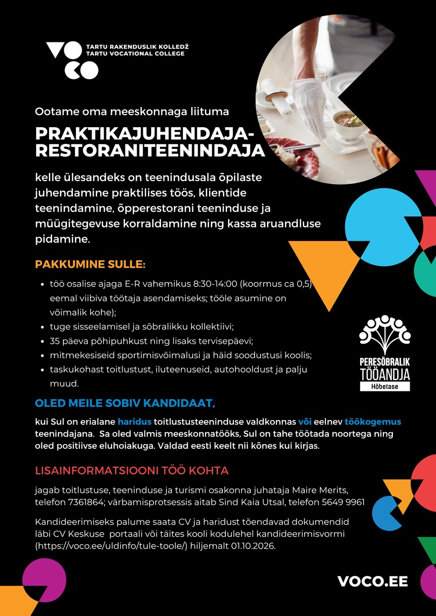 Tartu Rakenduslik Kolledž Praktikajuhendaja-restoraniteenindaja