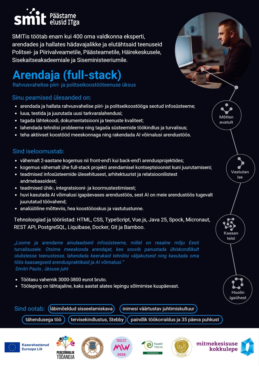 Siseministeeriumi infotehnoloogia- ja arenduskeskus Arendaja (full-stack)