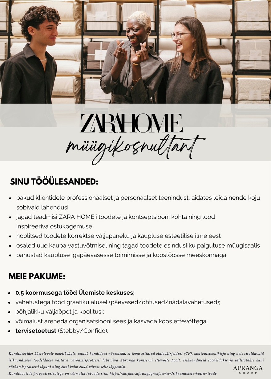 Apranga OÜ ZARA HOME müügikonsultant