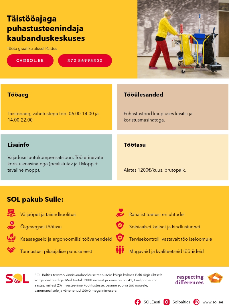 SOL Baltics OÜ Täistööajaga puhastusteenindaja kaubanduskeskuses