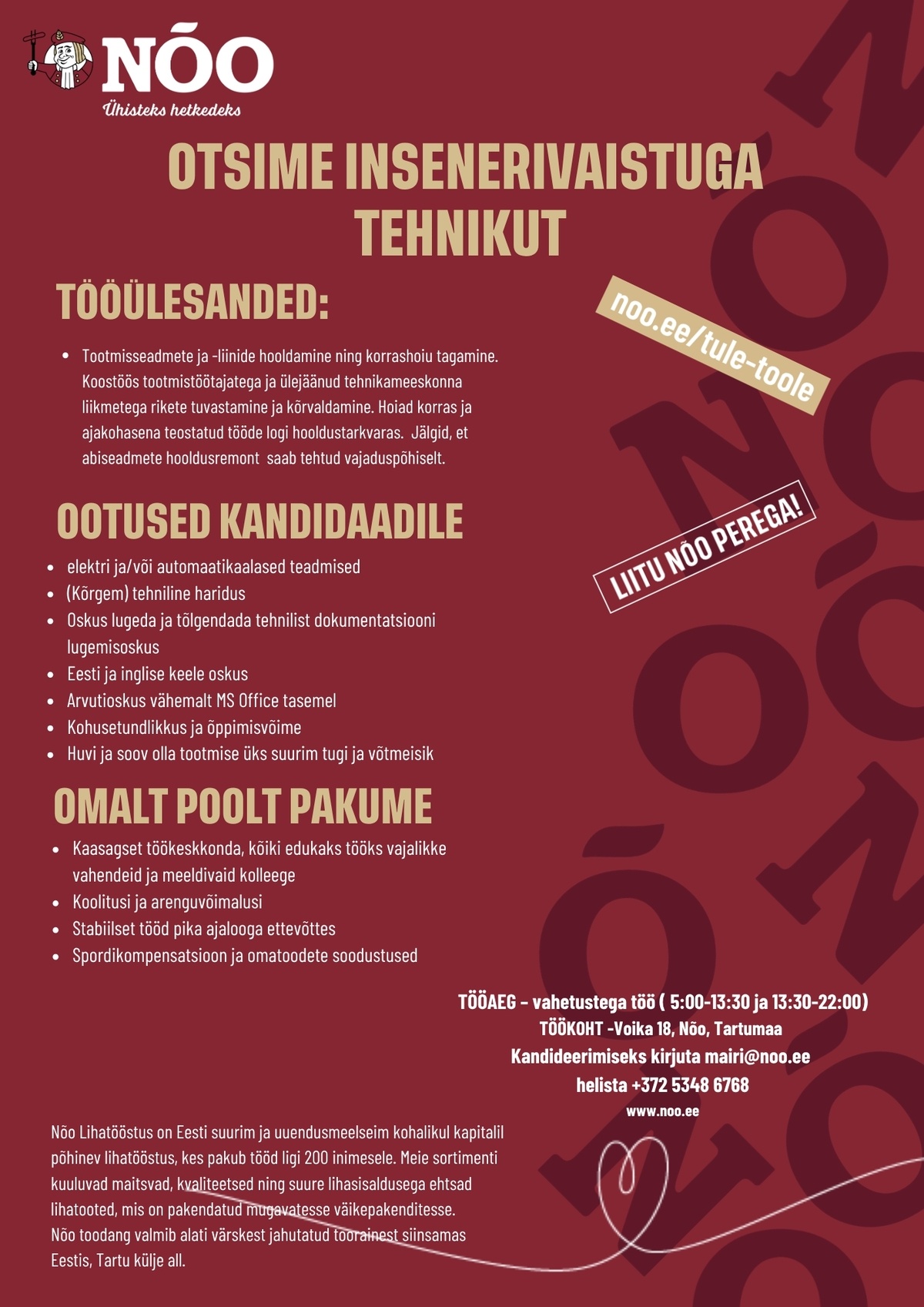 Nõo Lihatööstus OÜ Tehnik-mehaanik