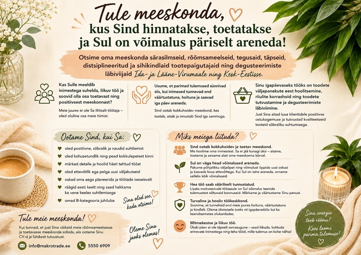 Makro Trade Baltic OÜ Tootepaigutaja-degusteerija Ida- ja Lääne-Virumaale ning Kesk-Eestisse