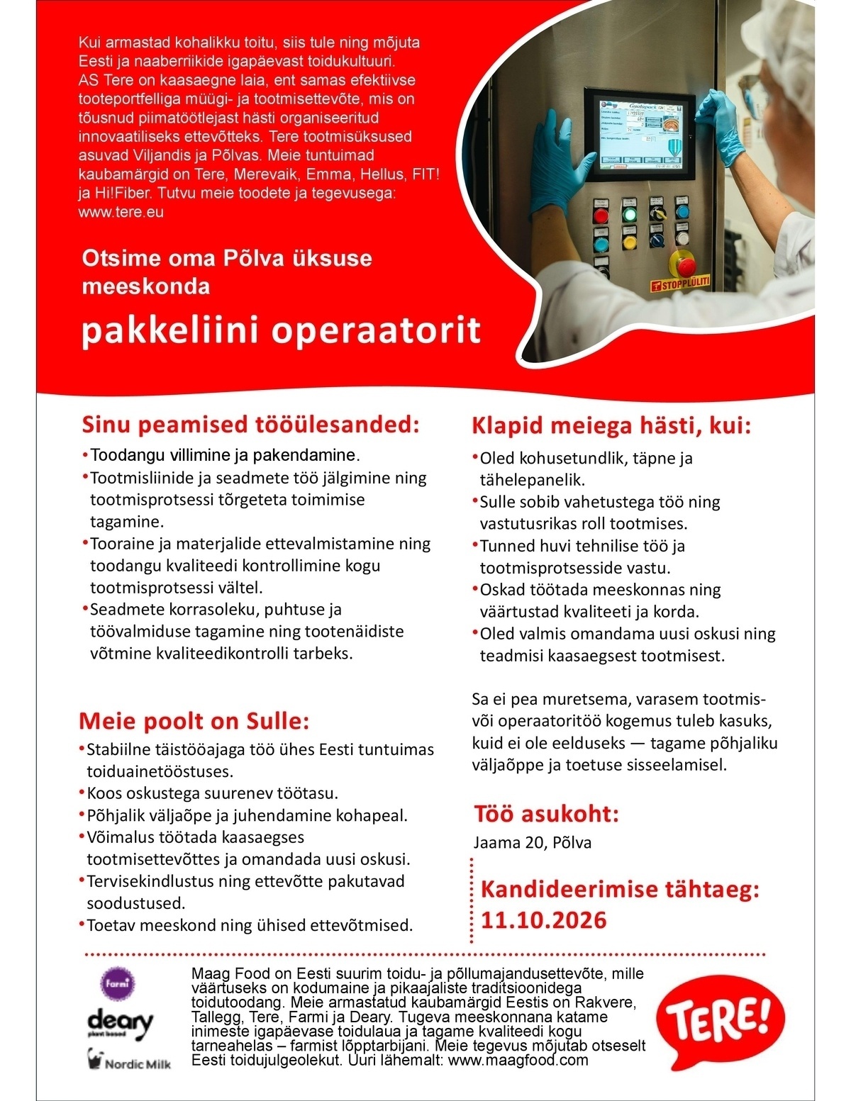 Tere AS Pakkeliini operaator Põlva üksusesse