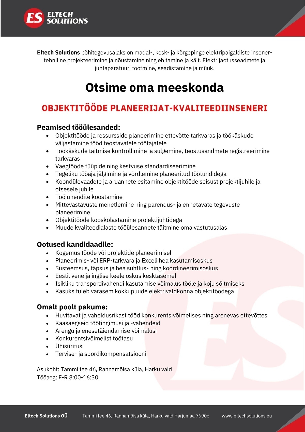 Eltech Solutions OÜ Objektitööde planeerija - kvaliteediinsener