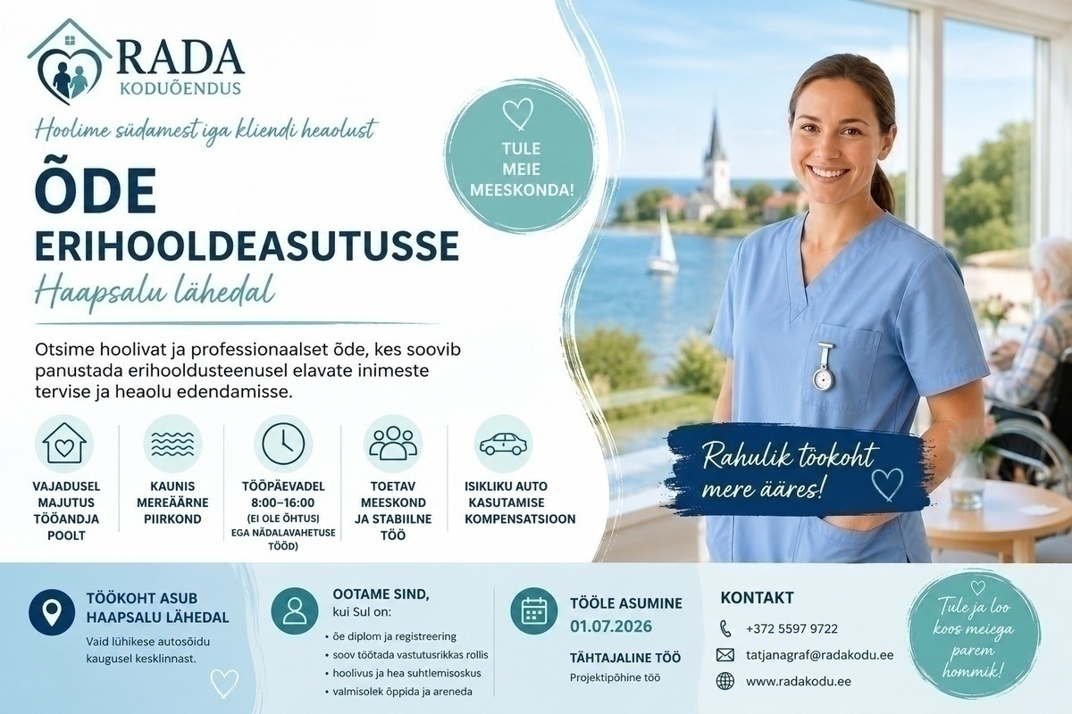 OÜ RADA Koduõendus Õde erihooldekodusse - Haapsalu lähedal, vajadusel pakume majutust!