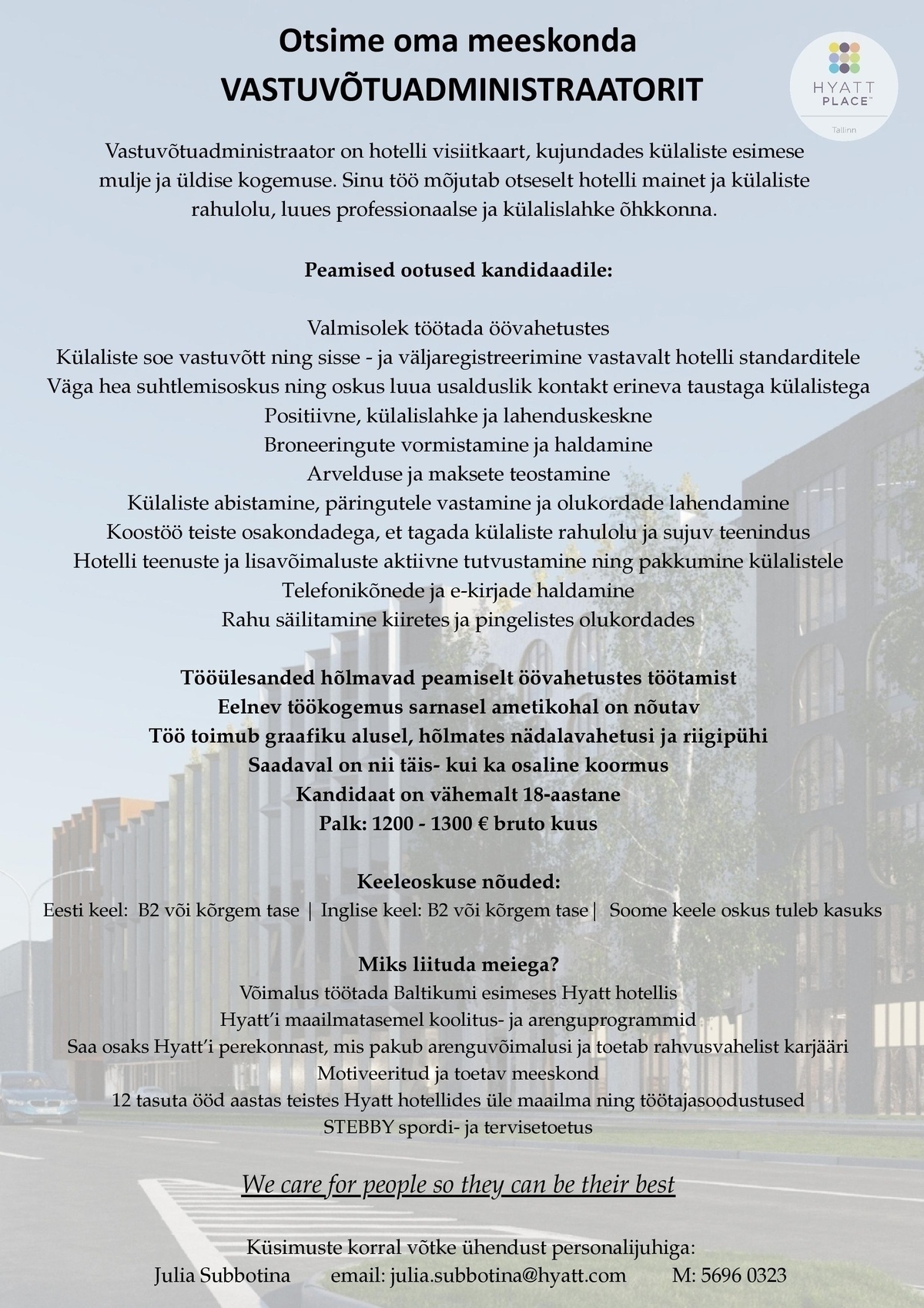 Hyatt Place Tallinn Vastuvõtuadministraator
