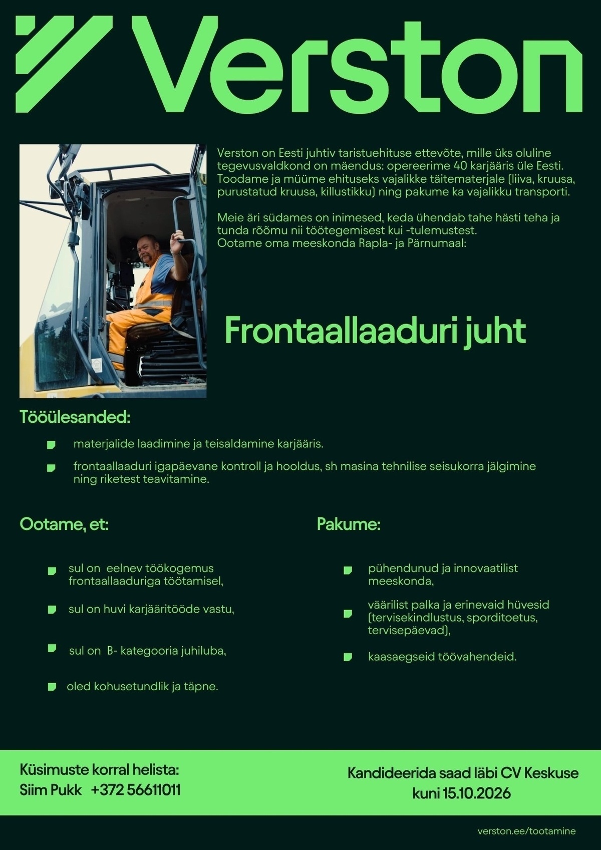 VERSTON EESTI OÜ Frontaallaaduri juht