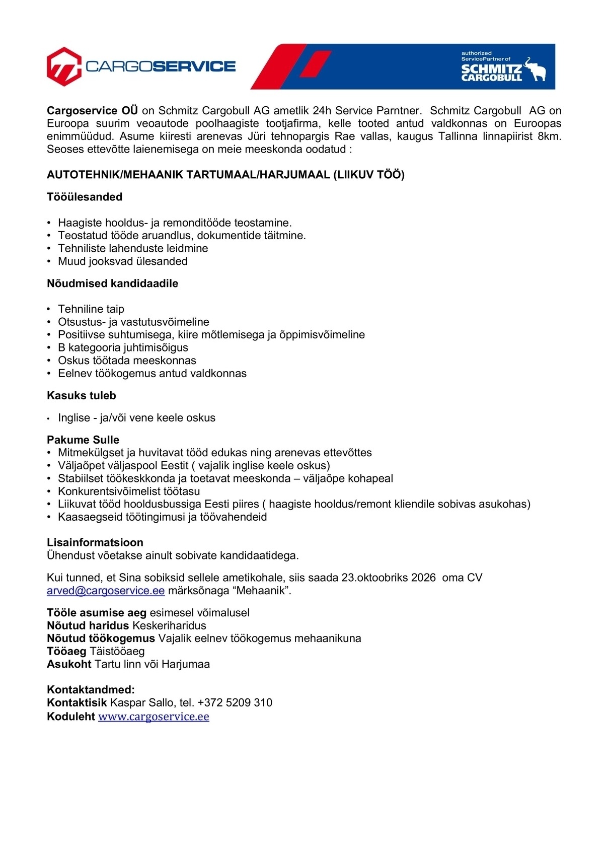 Cargoservice OÜ AUTOTEHNIK/MEHAANIK TARTUMAAL/HARJUMAAL (LIIKUV TÖÖ)