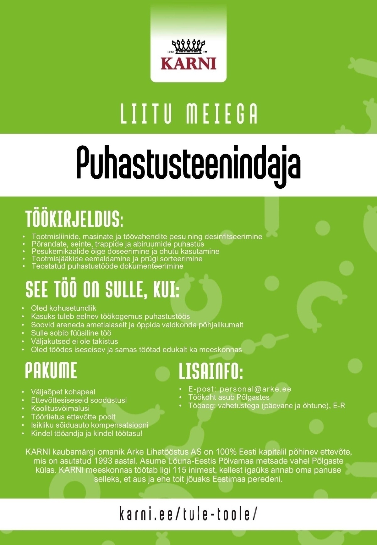 Arke Lihatööstus AS Puhastusteenindaja