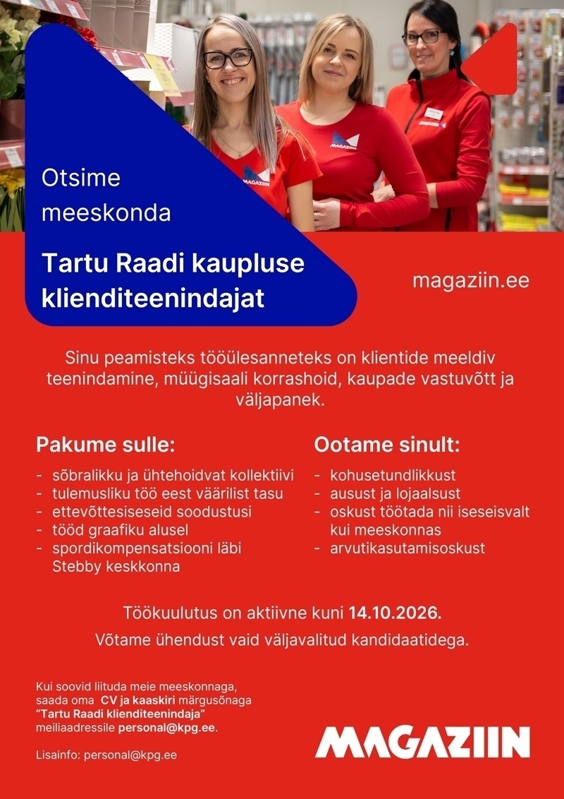 KPG Kaubanduse OÜ Tartu Astelpaju Magaziini klienditeenindaja