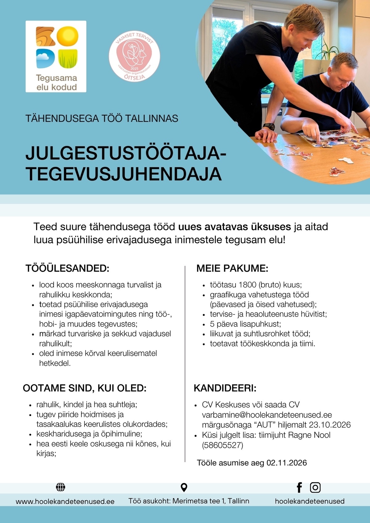 HOOLEKANDETEENUSED AS TÄHENDUSEGA TÖÖ julgestustöötaja-tegevusjuhendajale Tallinnas