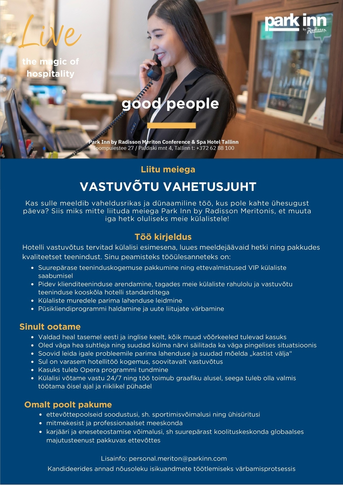 Meriton Hotels OÜ Vastuvõtu vahetusevanem