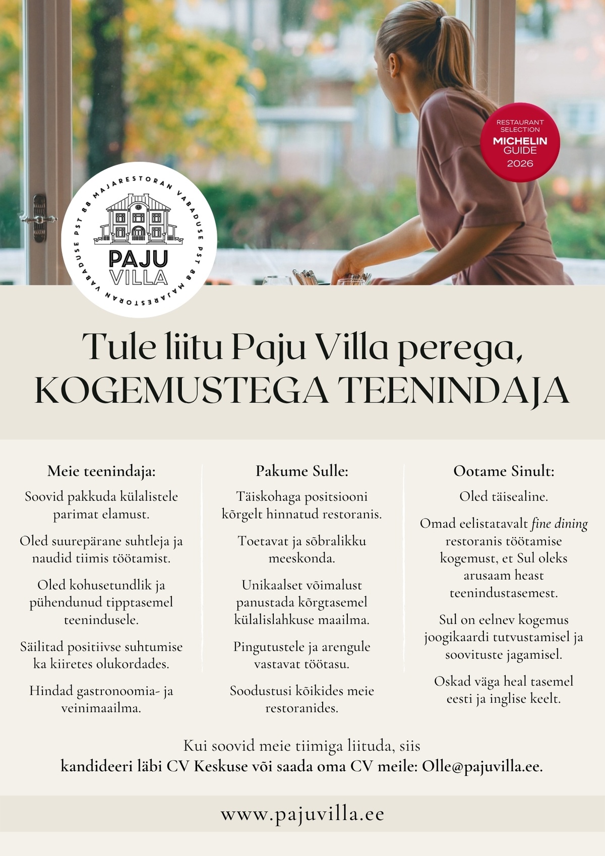 Paju Villa - OKO Restoranid OÜ KOGEMUSTEGA TEENINDAJA Paju Villasse