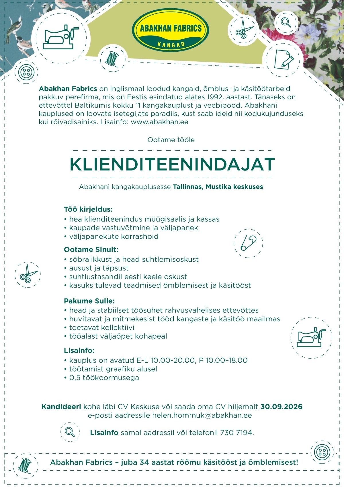Abakhan Fabrics Eesti AS Klienditeenindaja Abakhani Mustika kauplusesse (0,5 koormus)