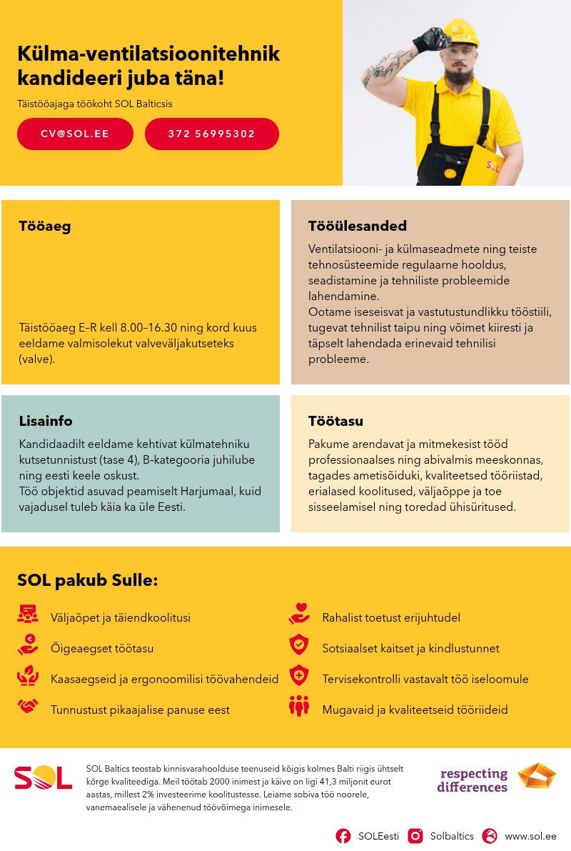 SOL Baltics OÜ Külma-ventilatsioonitehnik kandideeri juba täna!