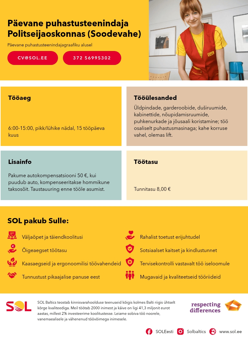 SOL Baltics OÜ Päevane puhastusteenindaja Politseijaoskonnas (Soodevahe)