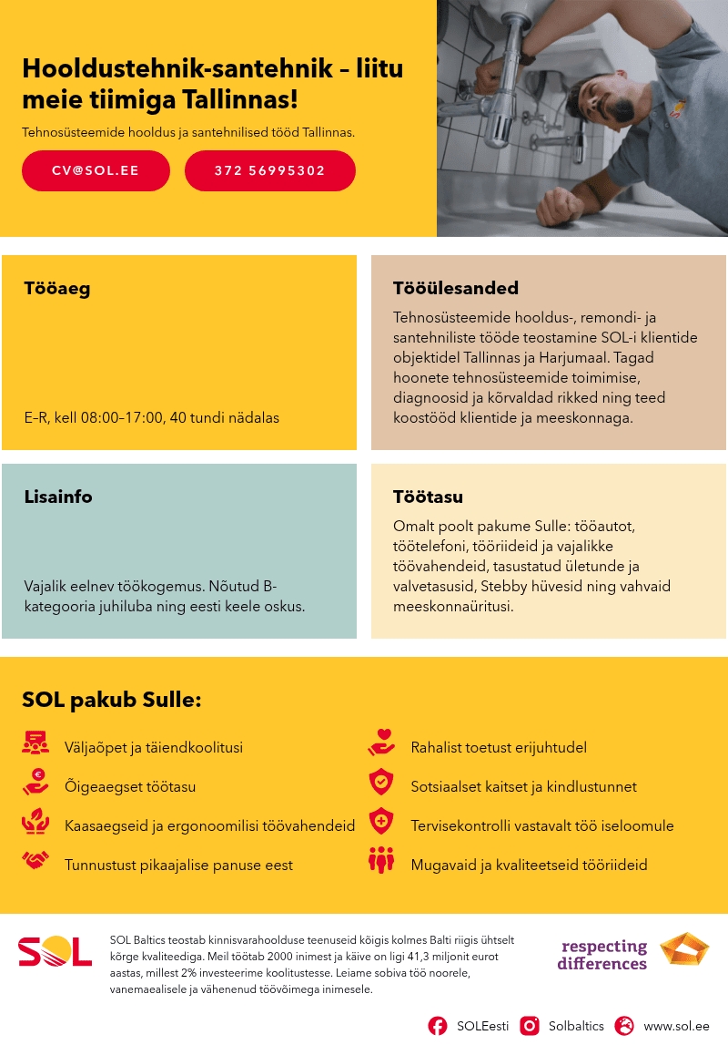SOL Baltics OÜ Hooldustehnik-santehnik – liitu meie tiimiga Tallinnas!