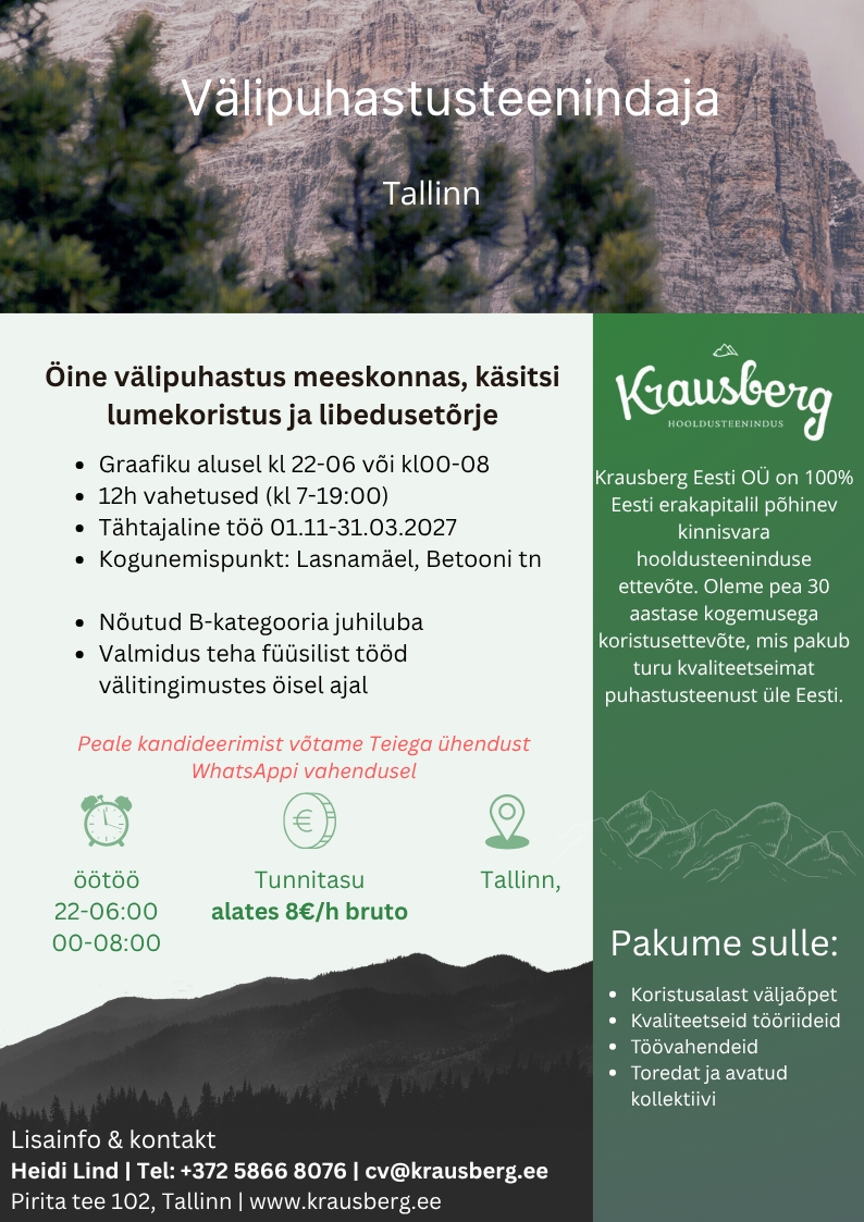 Krausberg Eesti OÜ Öine välipuhastusteenindaja meeskonnas (tähtajaline)