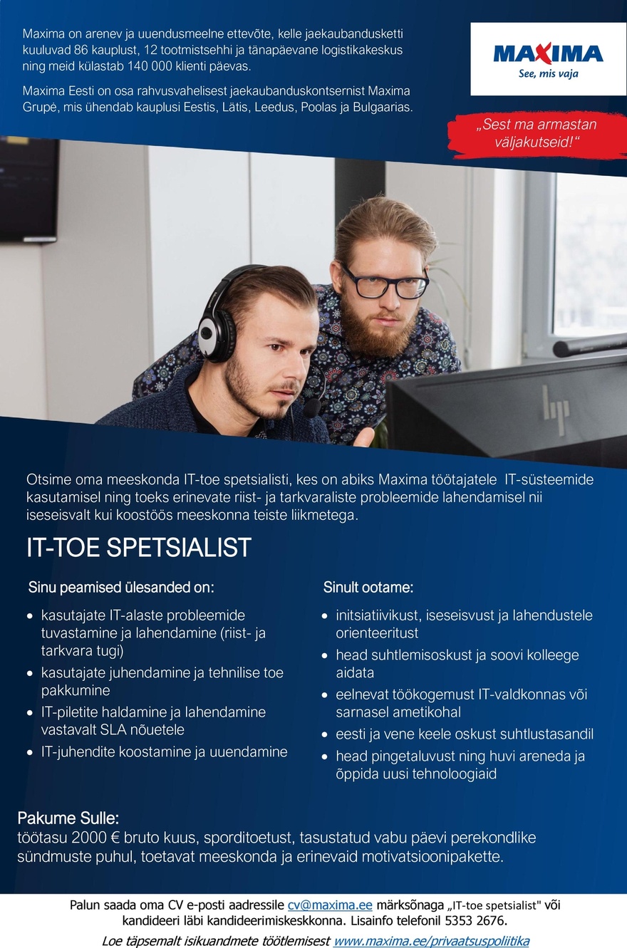 Maxima Eesti OÜ IT-toe spetsialist