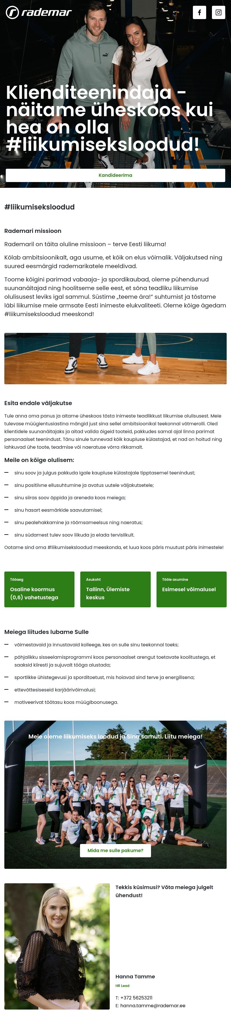 Rademar OÜ Klienditeenindaja- Liitu meie Ülemiste Rademari tiimiga!