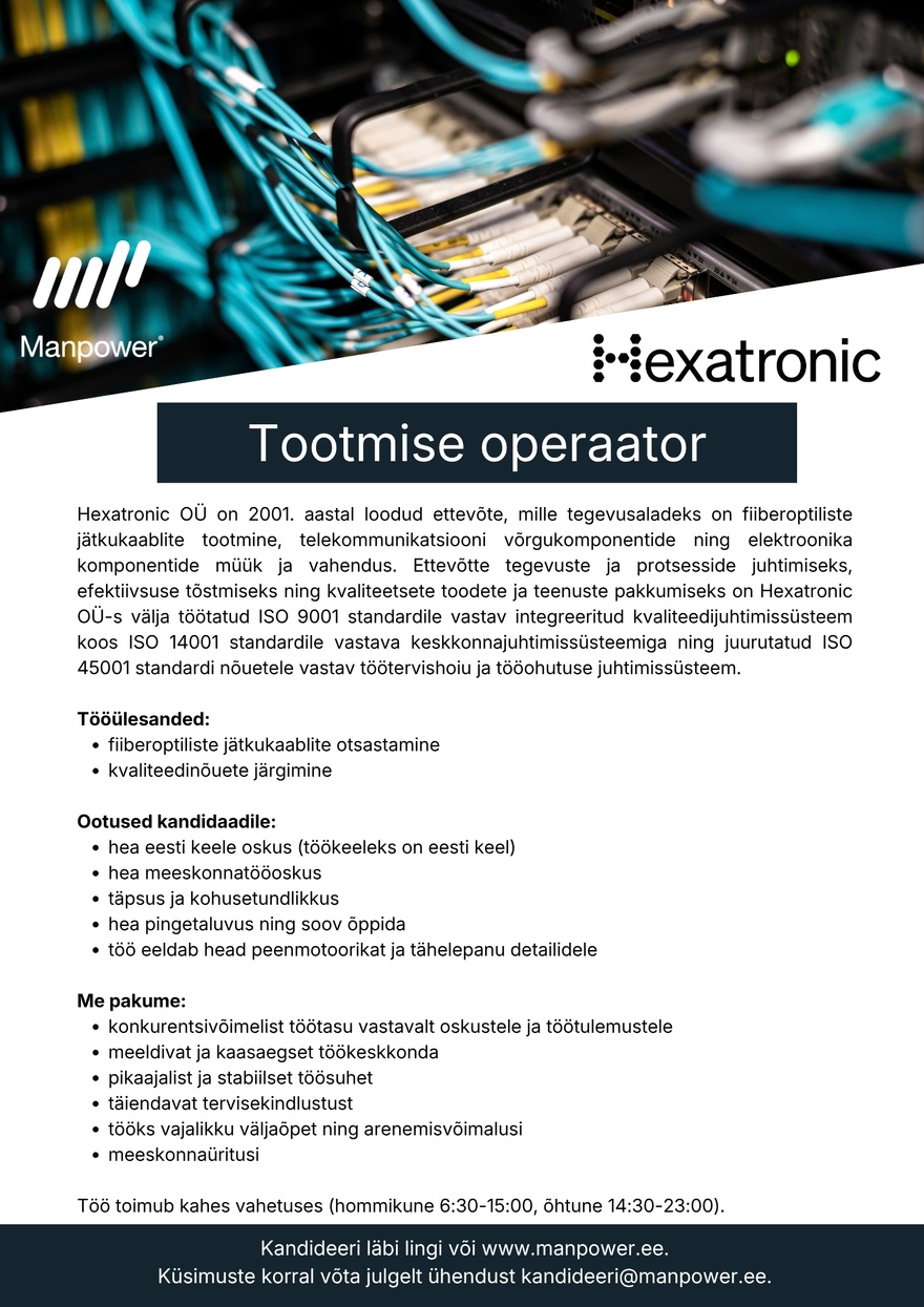 Manpower OÜ Tootmise operaator