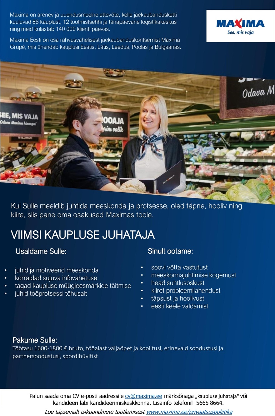 Maxima Eesti OÜ Viimsi kaupluse juhataja