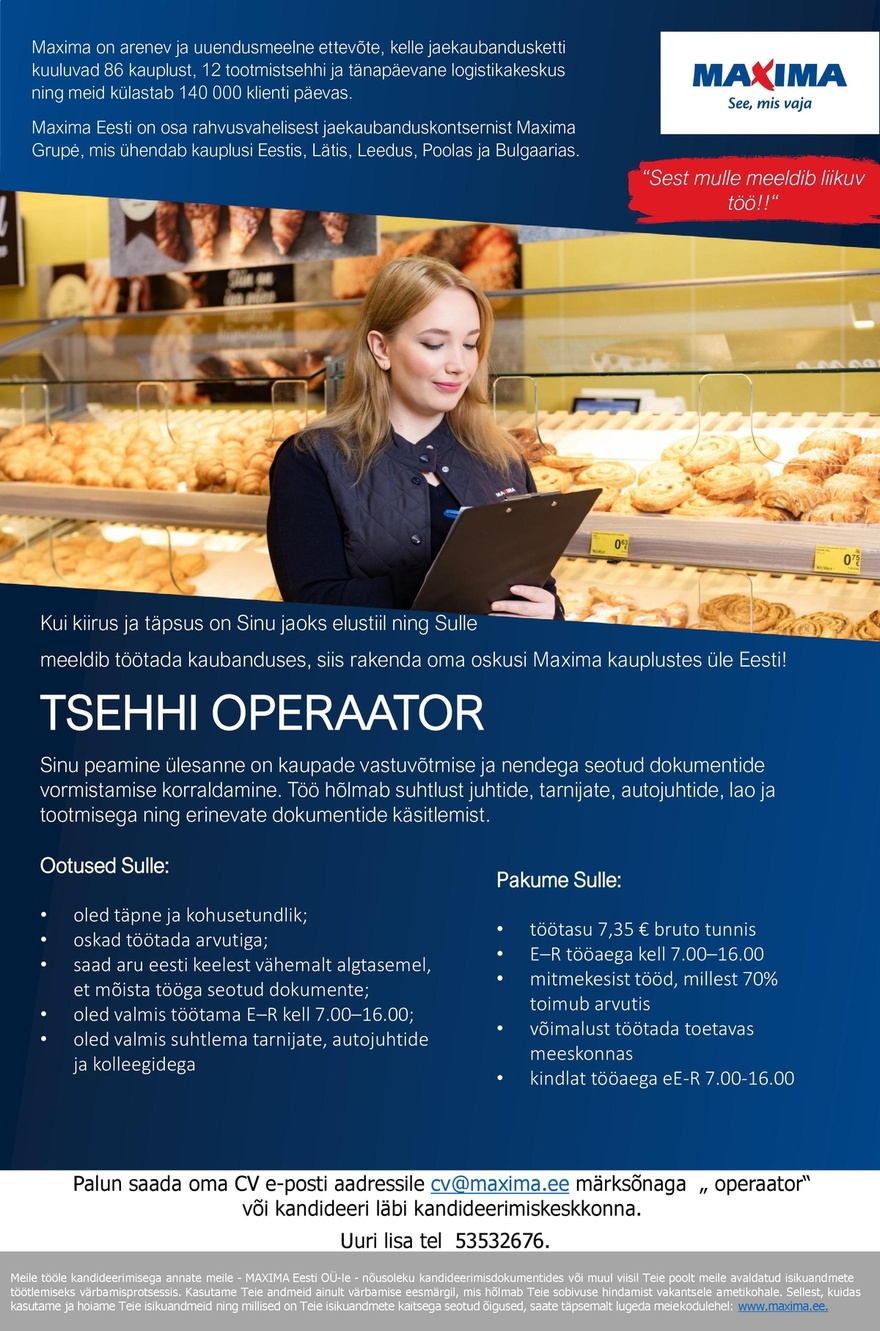 Maxima Eesti OÜ Tsehhi operaator