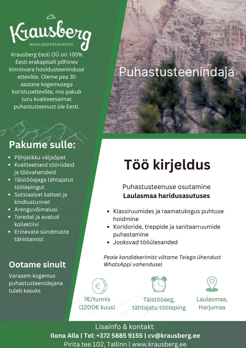 Krausberg Eesti OÜ Puhastusteenindaja Laulasmaal (täistööaeg)