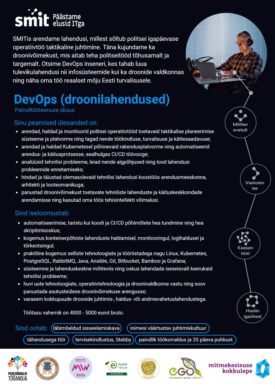 Siseministeeriumi infotehnoloogia- ja arenduskeskus DevOps insener (droonilahendused)