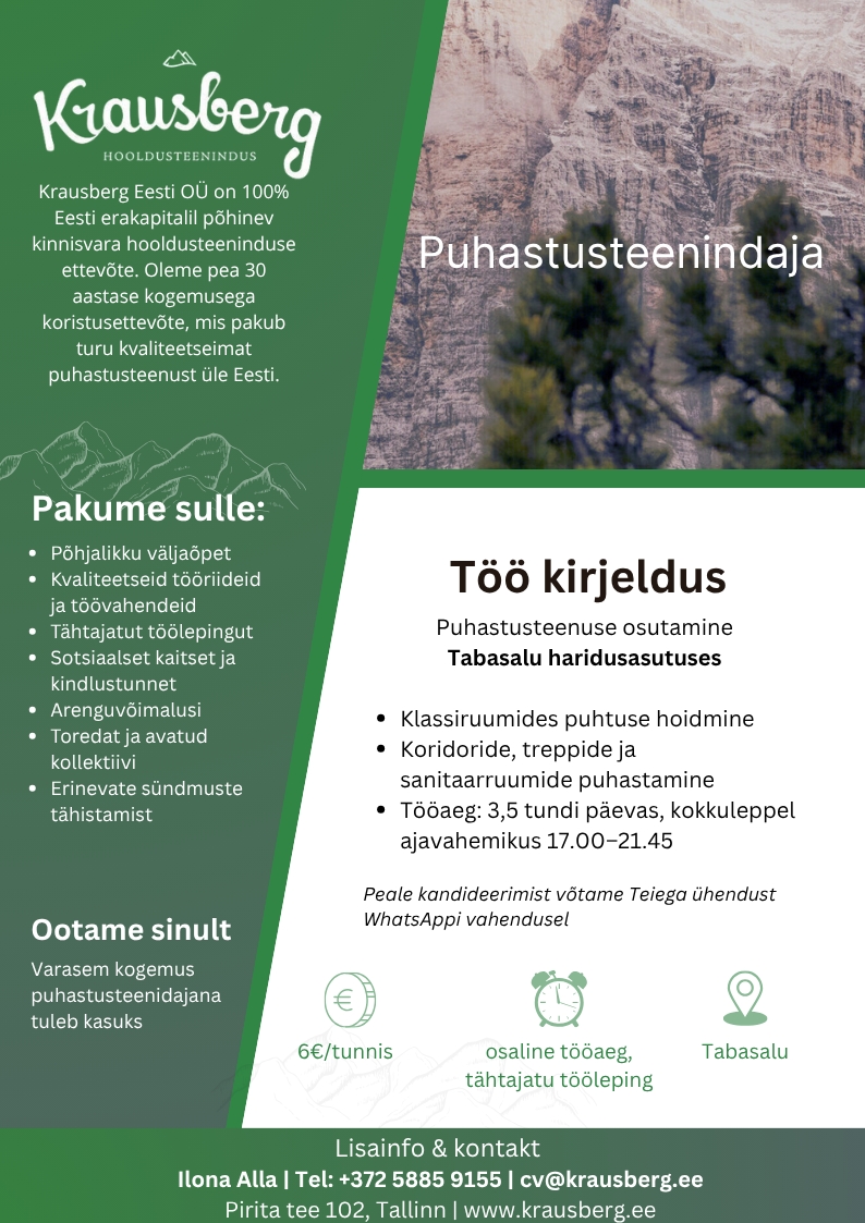 Krausberg Eesti OÜ Puhastusteenindaja Tabasalus (osaline tööaeg, õhtuti)