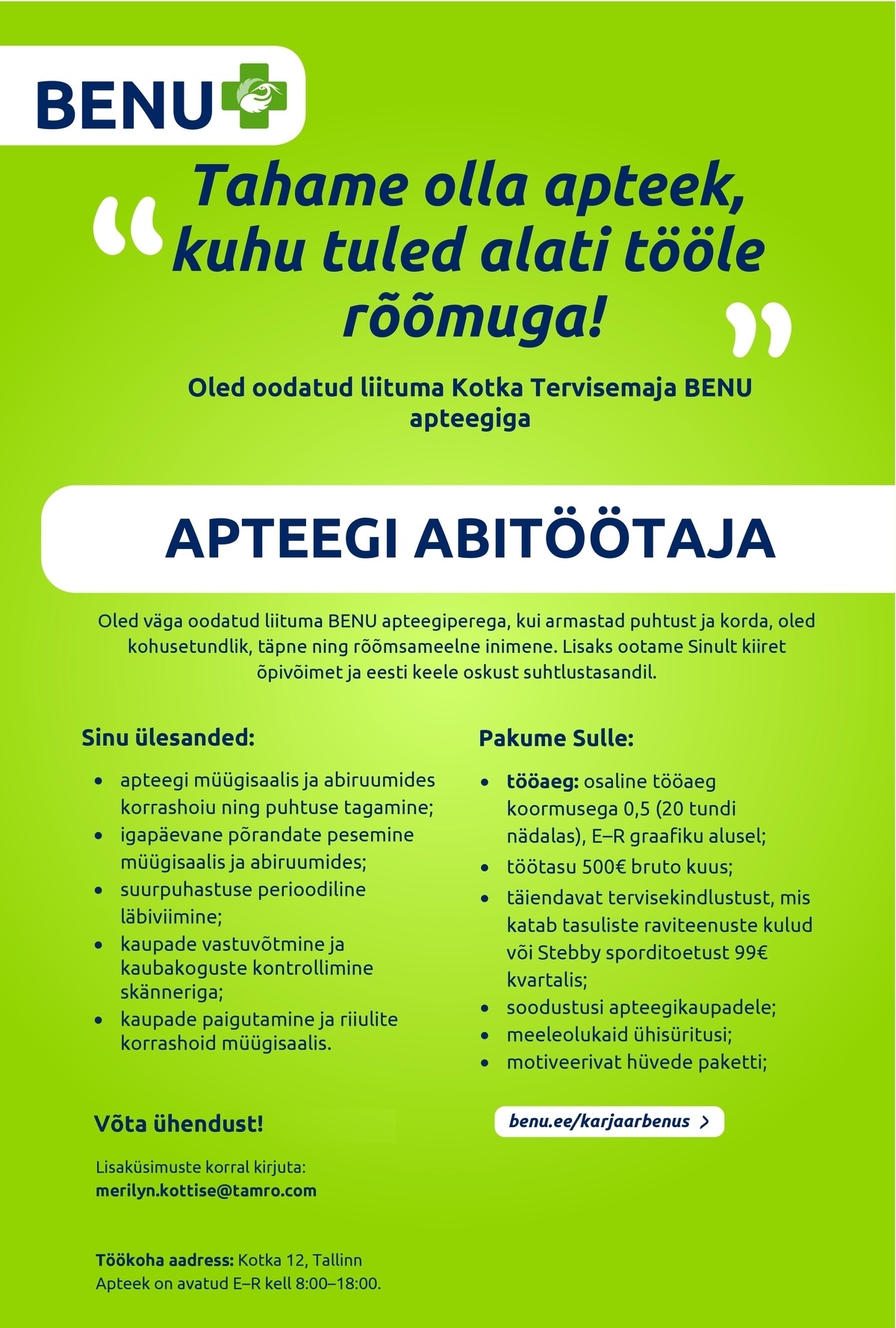 BENU Apteegid Kotka Tervisemaja BENU apteegi abitöötaja