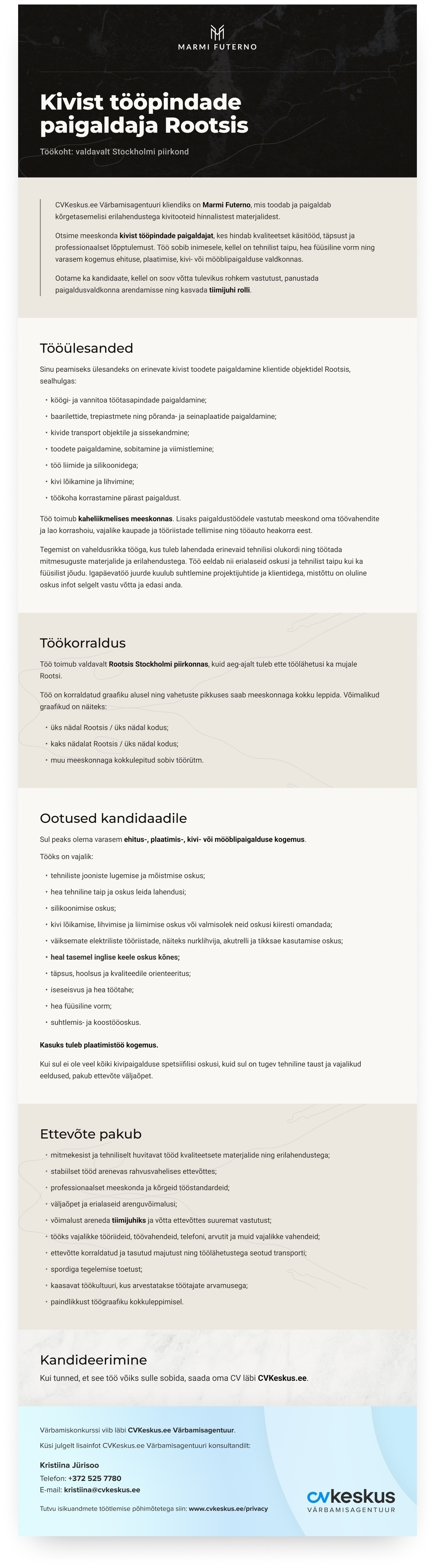 Marmi Futerno OÜ Kivist tööpindade paigaldaja Rootsis