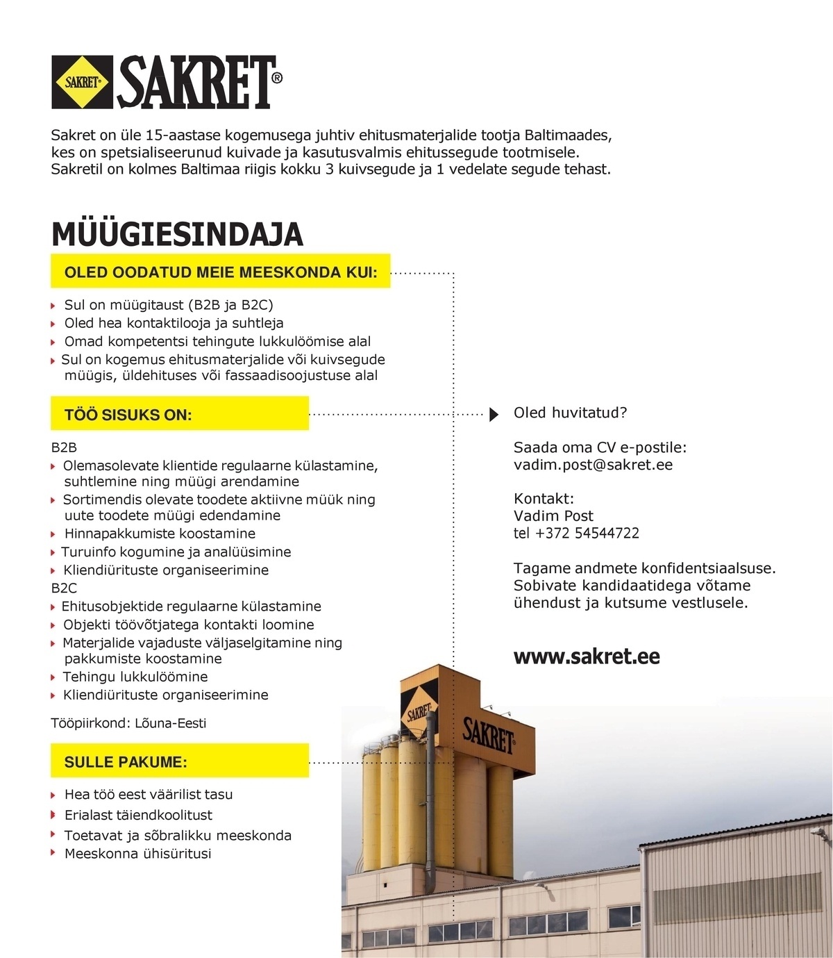 Sakret OÜ Lõuna- Eesti müügiesindaja