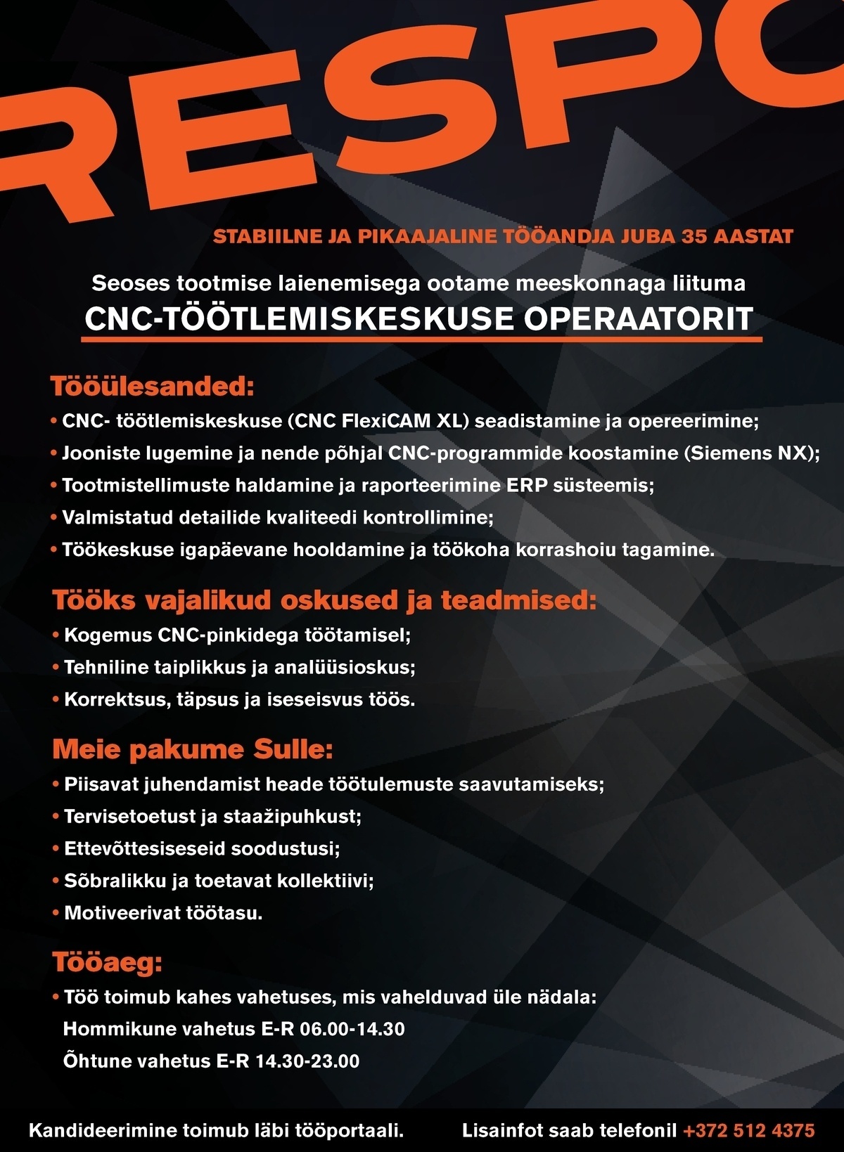 Respo Haagised AS CNC-töötlemiskeskuse operaator