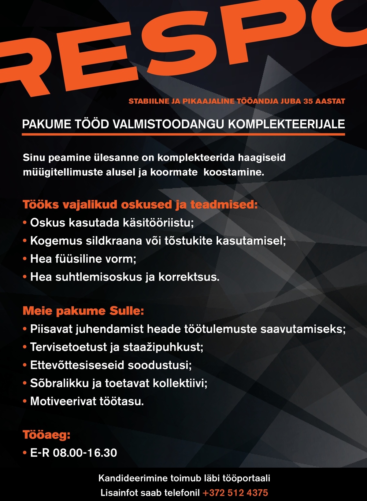 Respo Haagised AS VALMISTOODANGU KOMPLEKTEERIJA