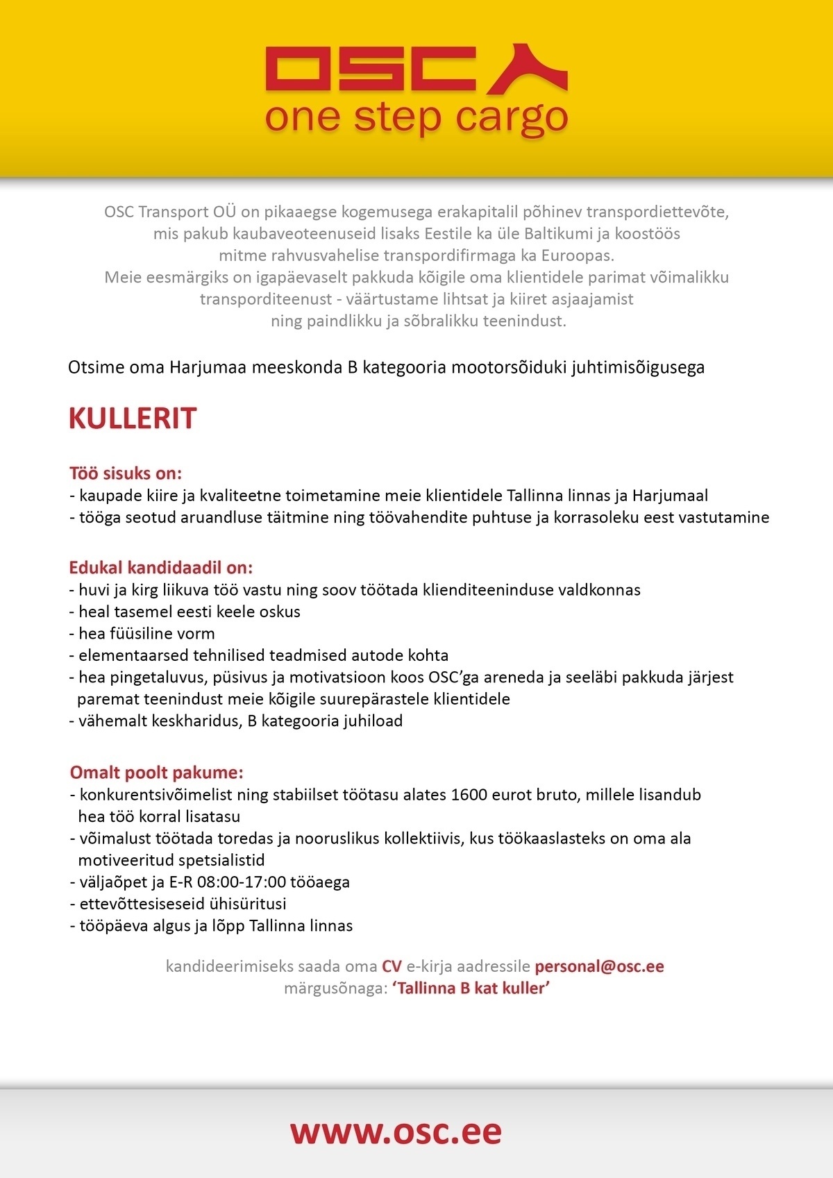 OSC TRANSPORT OÜ Autojuht-kuller B kat