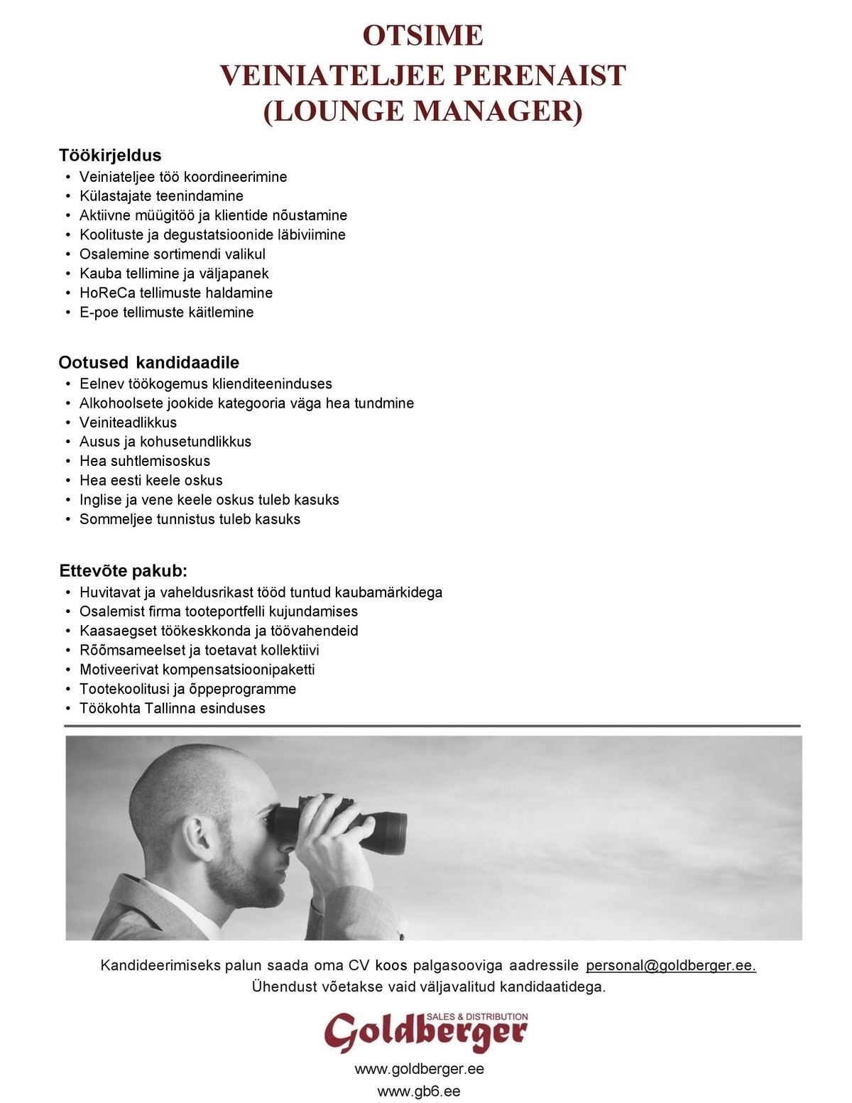 GOLDBERGER OÜ Veiniateljee perenaine (Lounge Manager)