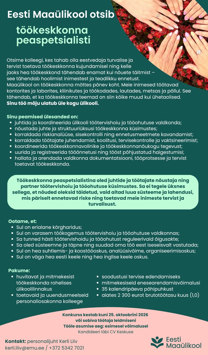 Eesti Maaülikool Töökeskkonna peaspetsialist