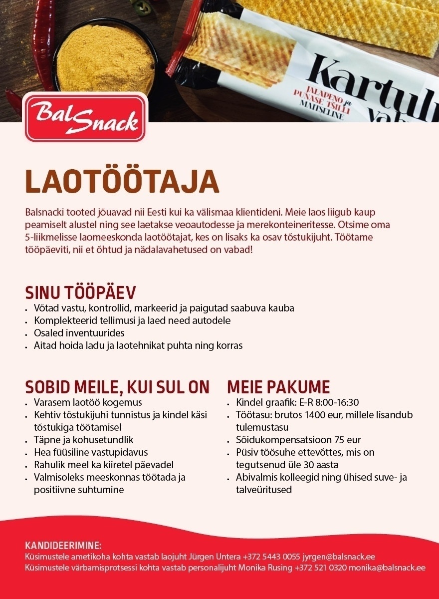 Balsnack International Holding AS Laotöötaja-tõstukijuht Ääsmäe tehasesse