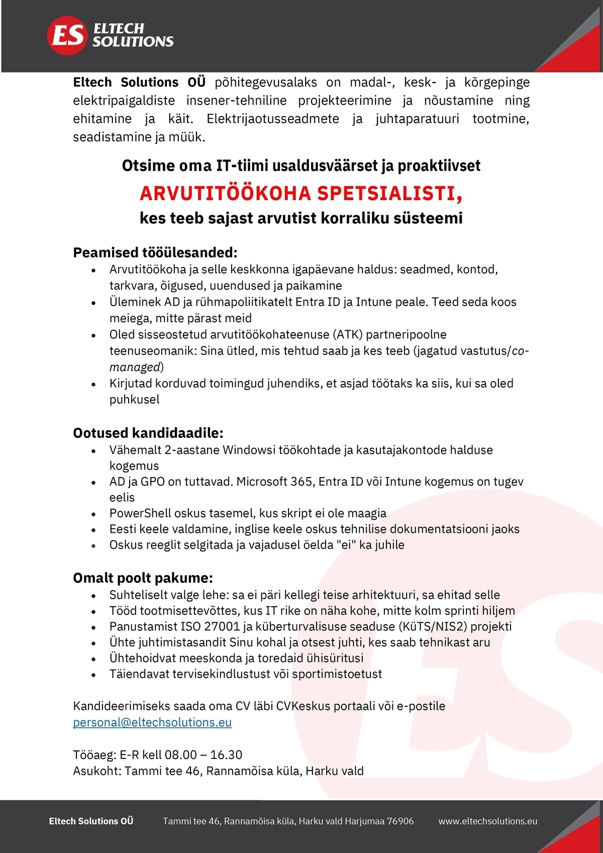 Eltech Solutions OÜ Arvutitöökoha spetsialist
