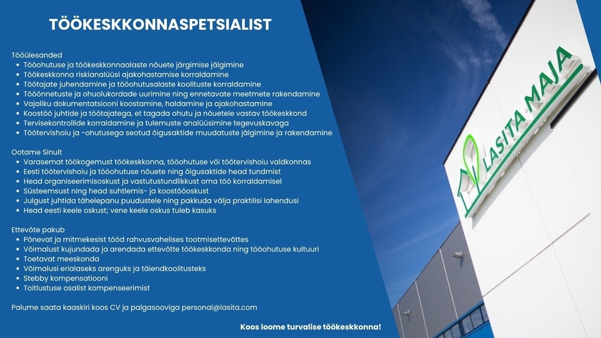 Lasita Maja OÜ Töökeskkonnaspetsialist