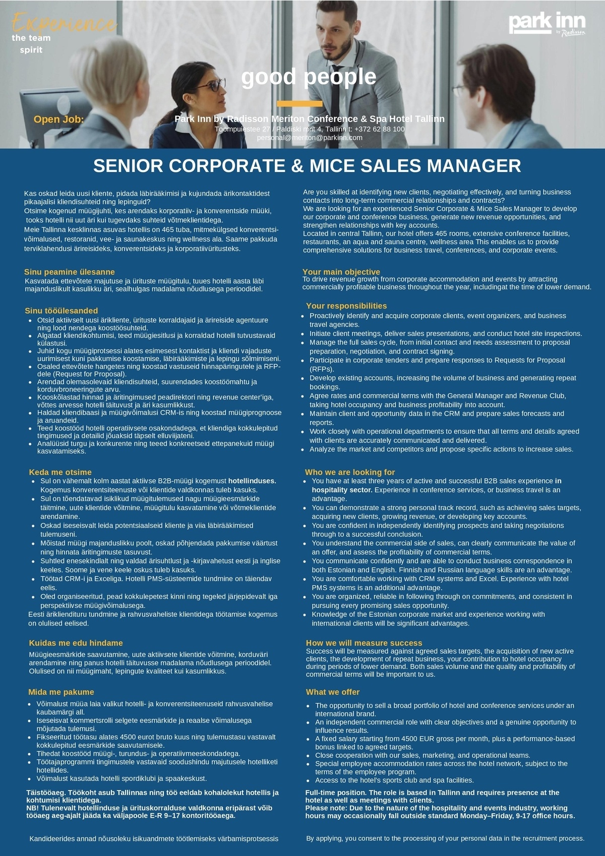 Meriton Hotels OÜ Senior Corporate & MICE Sales Manager
