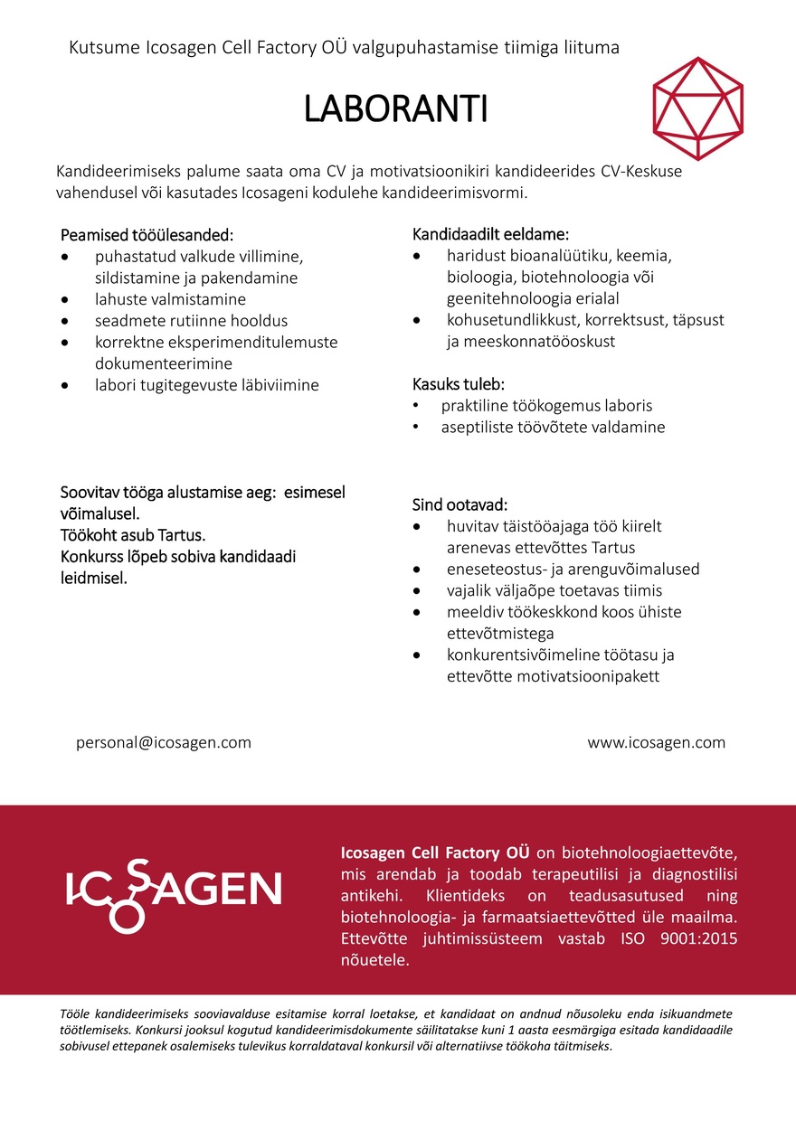 Icosagen Cell Factory OÜ LABORANT