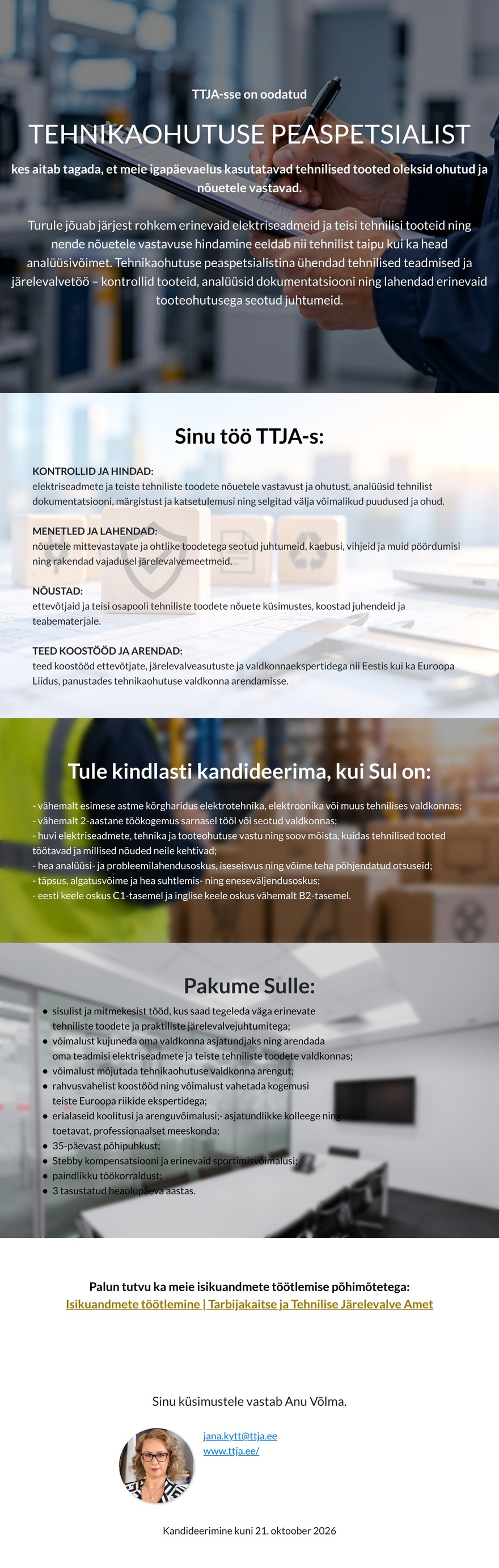 Tarbijakaitse ja Tehnilise Järelevalve Amet Tehnikaohutuse peaspetsialist