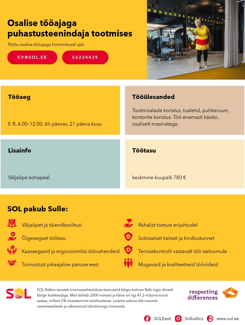SOL Baltics OÜ Osalise tööajaga puhastusteenindaja tootmises